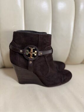 Tory Burch Brown Suede Wedge Ankle Boots with Logo Hardware